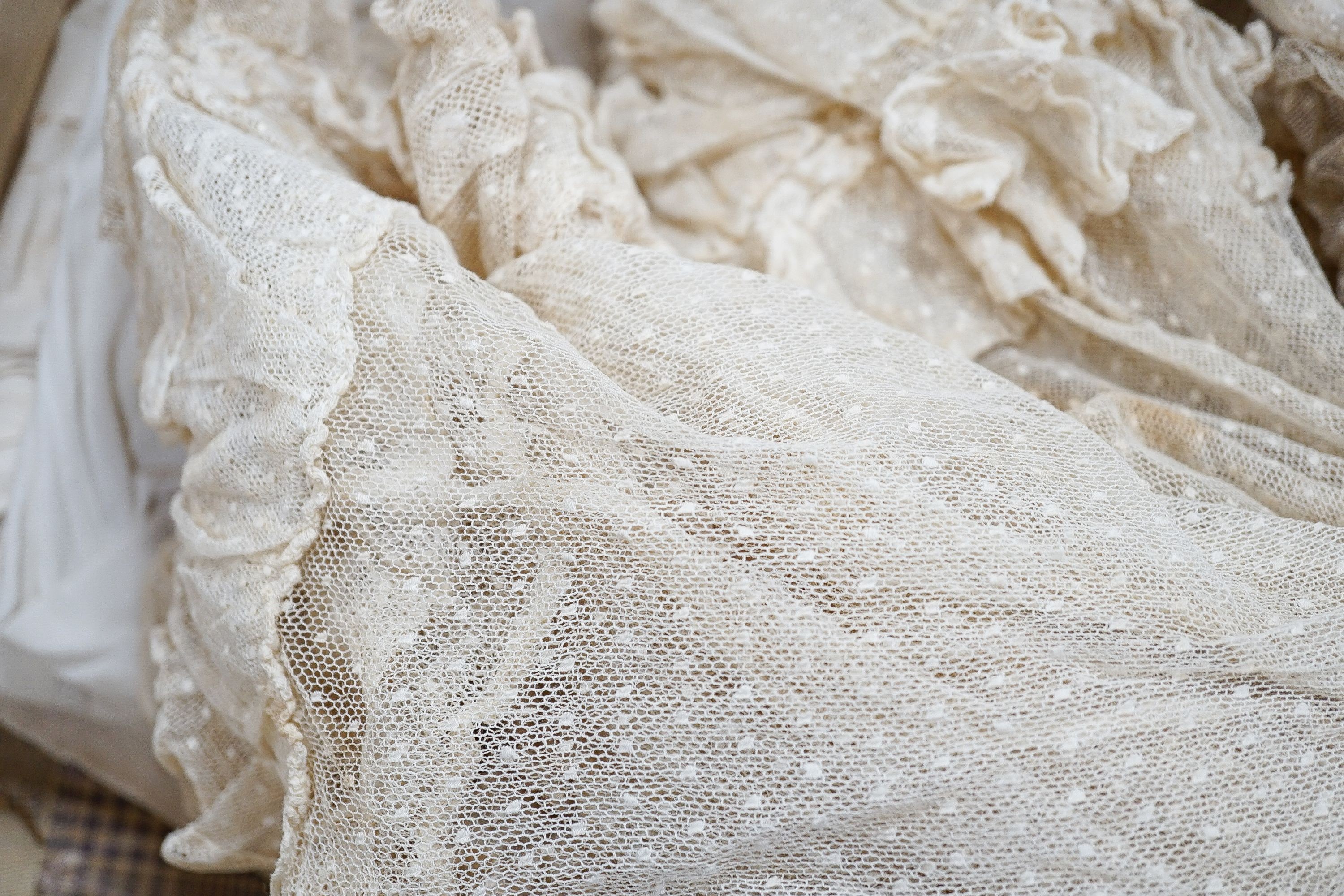 Various christening gowns, 2 dresses in a suitcase